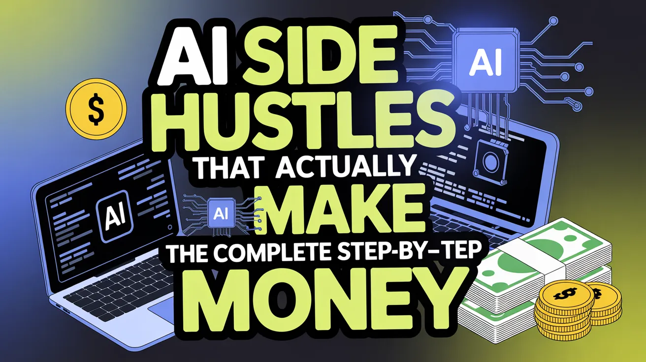 AI Side Hustles That Actually Make Money - Complete Step-by-Step Guide showing freelance writer using AI tools, digital nomad workspace with laptop, coffee, and multiple screens displaying ChatGPT, Midjourney, and freelance platform dashboards