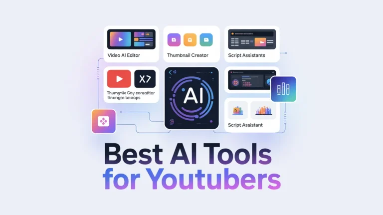 Featured image for AI Tools for YouTubers guide showing content creation workflow with artificial intelligence software for video production, channel growth, and audience engagement