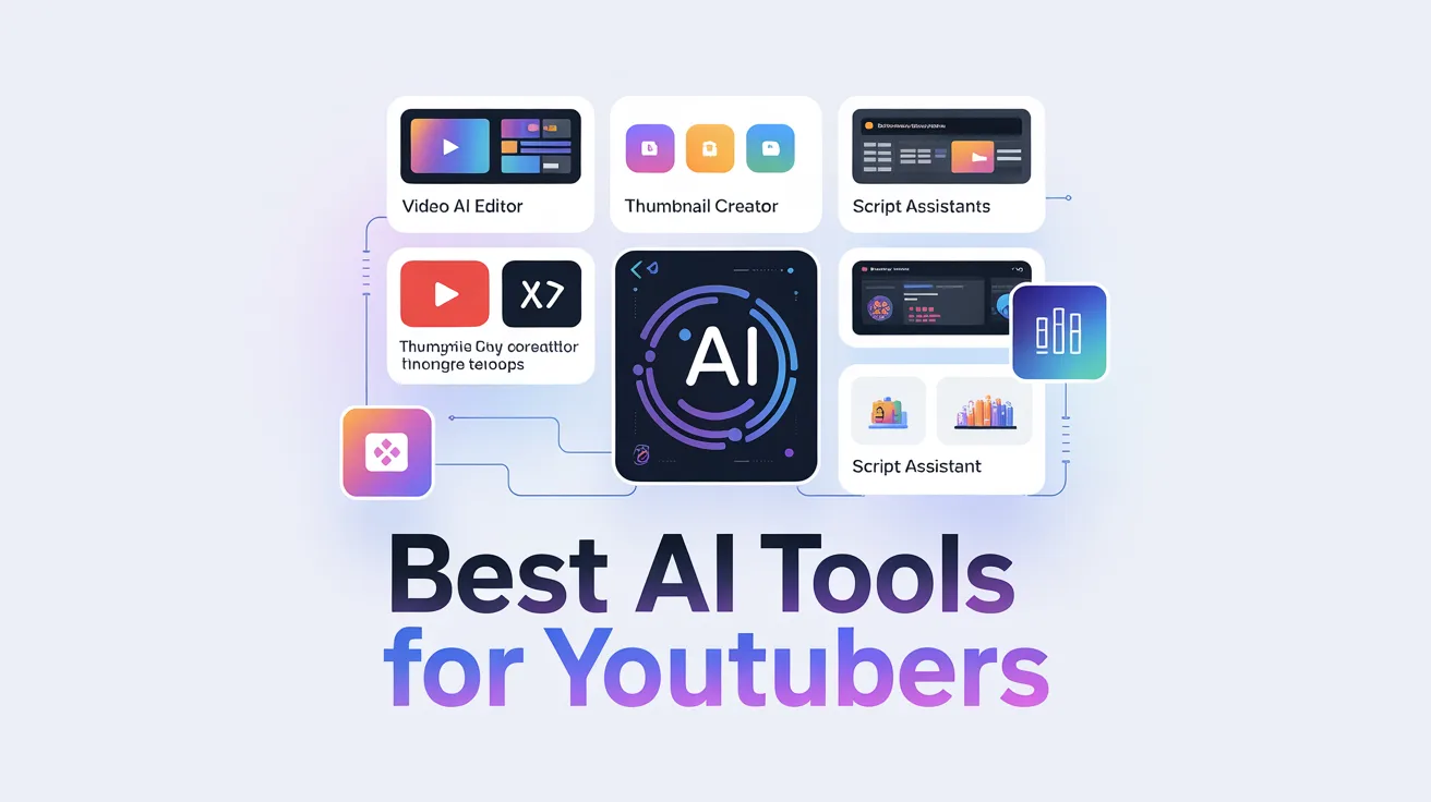 Featured image for AI Tools for YouTubers guide showing content creation workflow with artificial intelligence software for video production, channel growth, and audience engagement